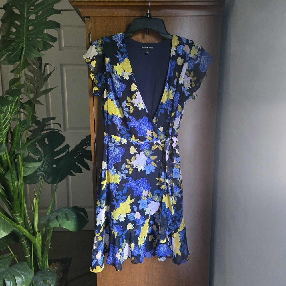Banana Republic Black Mini Wrap Dress with Blue and Yellow Floral Print